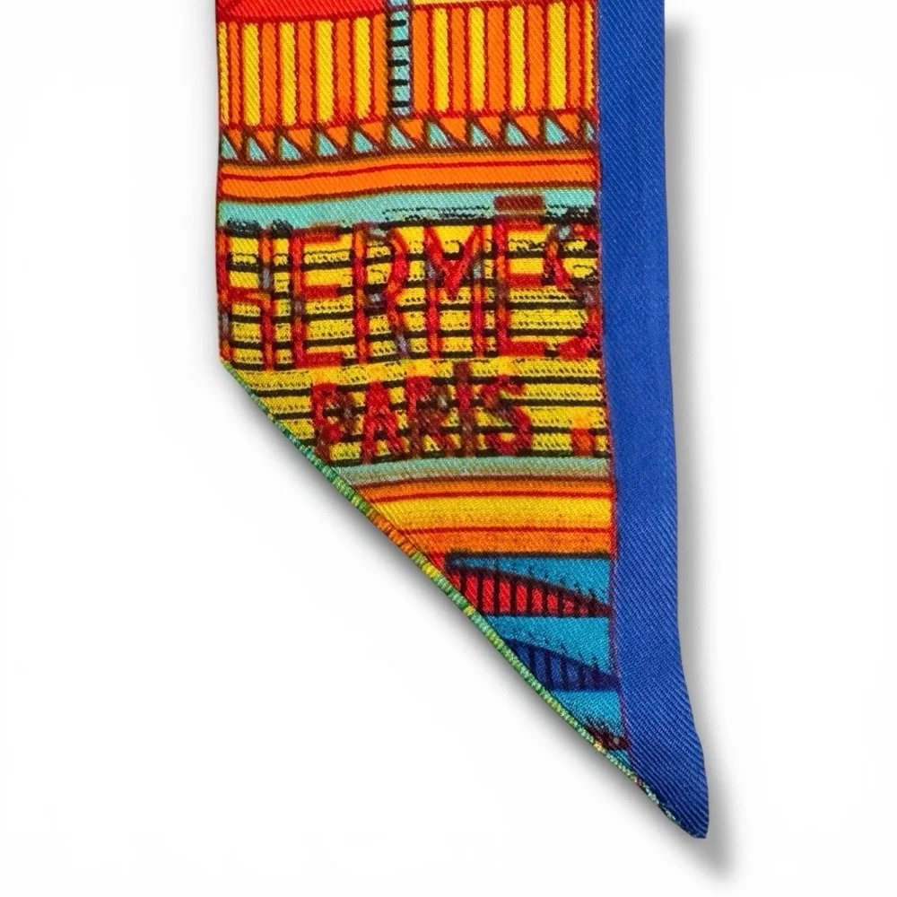 💗HERMES 100% Silk Twilly Ribbon Scarf • Vibrant Multicolor Blue Red Green Orange - Picture 5 of 10
